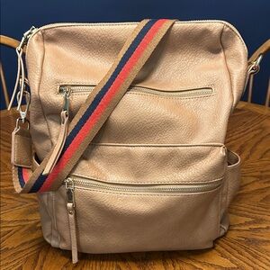 MMS Design Studio Beige Convertible Backpack with Red/Blue Stripe Strap